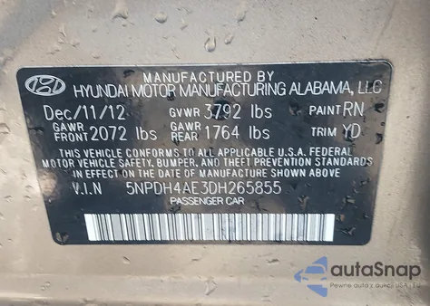 2013 Hyundai Elantra Gls z USA, uszkodzony, nr VIN 5NPDH4AE3DH265855